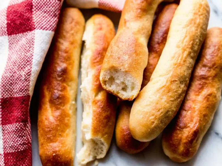 A close-up, eye-level shot of several golden-brown, elongated Homemade Soft Breadsticks piled on a minimalist white plate set on a white marble countertop. One breadstick is broken in half, revealing its incredibly soft, fluffy, white interior. A red and white checkered cloth is artfully draped in the soft-focus background. Natural morning light from an east window casts warm tones and soft shadows. The scene is clean and tidy.