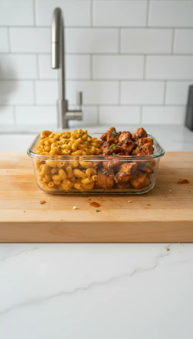 A close-up texture shot of the final dish plated on a minimalist white ceramic plate. A fork rests on the side. The focus is on the creamy texture of the cheese sauce clinging to the corkscrew pasta and the glistening, charred edges of the honey garlic chicken.