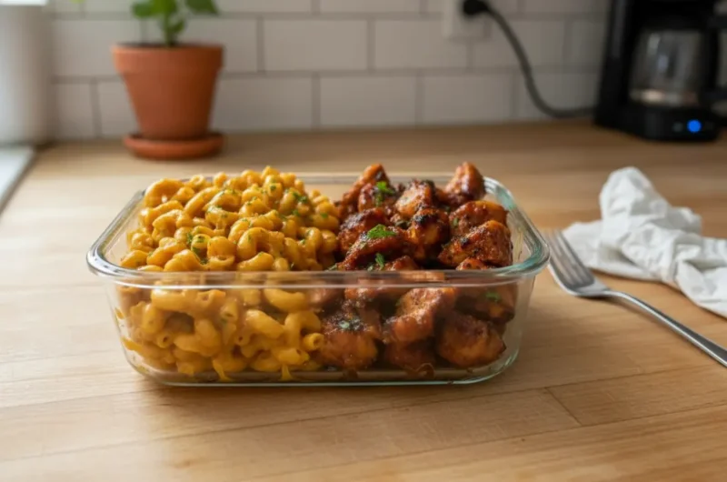 A high-angle eye-level shot of a rectangular glass meal prep container sitting on a marble countertop with wood accents. The container is divided: the left side is filled with creamy, orange-hued cavatappi mac and cheese, and the right side contains golden-brown, cubed chicken breast coated in a sticky honey garlic glaze. Soft morning light hits the food from the east, creating warm highlights on the glaze. Fresh parsley garnish is sprinkled on top. A wooden cutting board is visible in the blurred background.