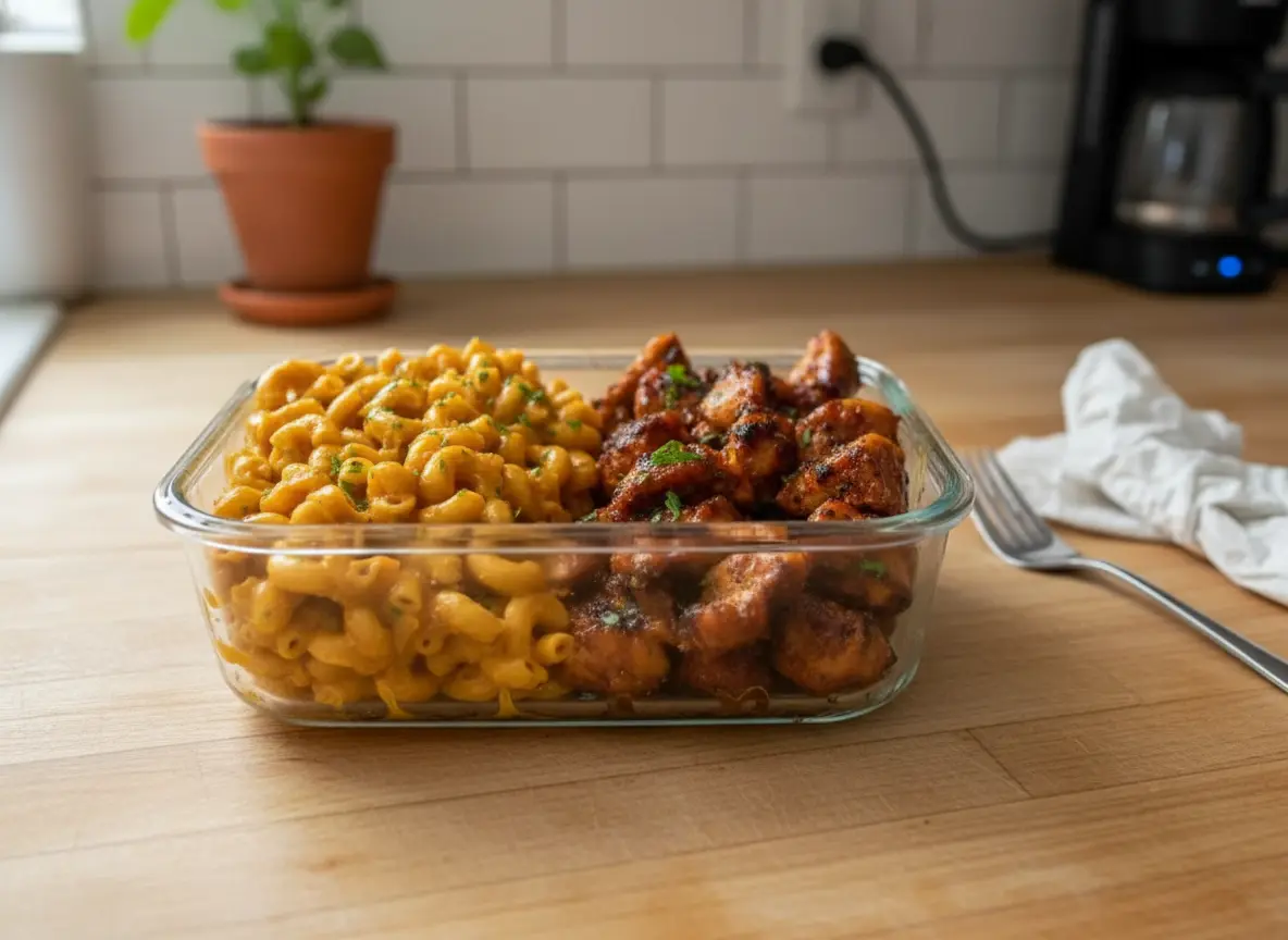 A high-angle eye-level shot of a rectangular glass meal prep container sitting on a marble countertop with wood accents. The container is divided: the left side is filled with creamy, orange-hued cavatappi mac and cheese, and the right side contains golden-brown, cubed chicken breast coated in a sticky honey garlic glaze. Soft morning light hits the food from the east, creating warm highlights on the glaze. Fresh parsley garnish is sprinkled on top. A wooden cutting board is visible in the blurred background.