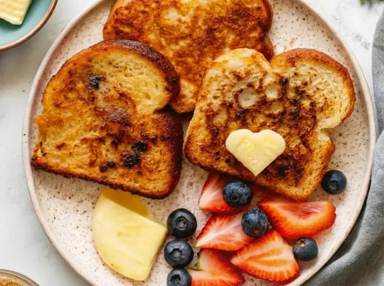 A beautifully arranged plate of golden brown Brioche French Toast, with some slices cut into heart shapes. It's adorned with fresh blueberries, sliced strawberries, and a small heart-shaped pat of butter melting on one piece. The plate is minimalist white ceramic on a marble countertop with subtle wood accents. Natural morning light casts soft shadows. Fresh thyme sprigs are visible in the soft-focus background, alongside a small ceramic bowl of butter. The scene is clean and tidy with warm tones. (4:3 ratio)