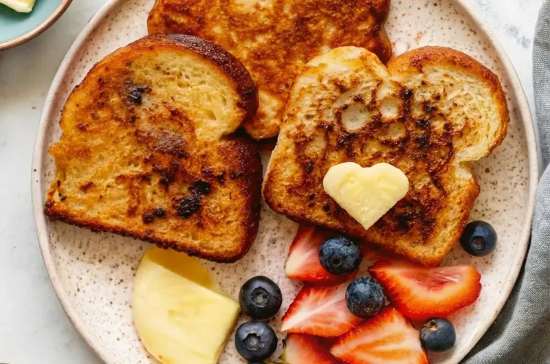 A beautifully arranged plate of golden brown Brioche French Toast, with some slices cut into heart shapes. It's adorned with fresh blueberries, sliced strawberries, and a small heart-shaped pat of butter melting on one piece. The plate is minimalist white ceramic on a marble countertop with subtle wood accents. Natural morning light casts soft shadows. Fresh thyme sprigs are visible in the soft-focus background, alongside a small ceramic bowl of butter. The scene is clean and tidy with warm tones. (4:3 ratio)