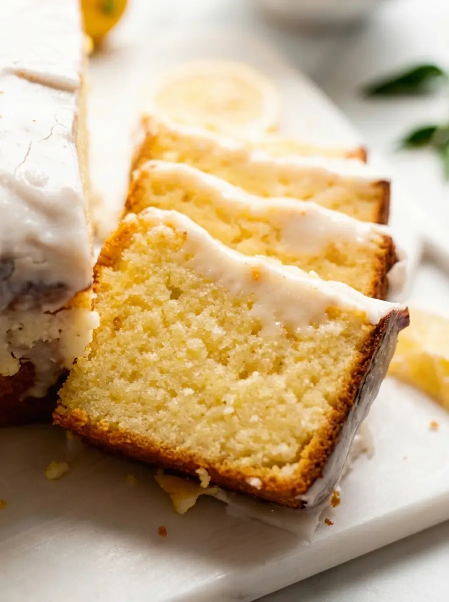 A close-up of ingredients for Iced Lemon Pound Cake: fresh lemons and their zest on a wooden cutting board, creamy butter, eggs, and sour cream in minimalist white ceramic bowls, bathed in natural morning light on a white marble countertop. Soft shadows, warm tones, clean and tidy, no hands or people.