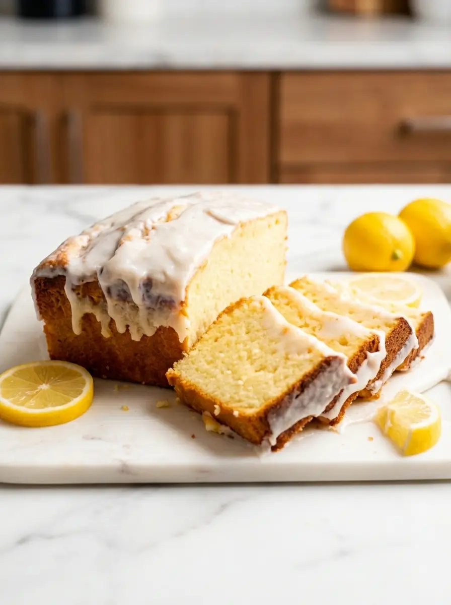 A stage in the process of making Iced Lemon Pound Cake: batter being gently poured from a minimalist white ceramic bowl into a prepared loaf pan, set on a wooden cutting board on a white marble countertop. The scene is illuminated by natural morning light, with soft shadows and warm tones, clean and tidy, no hands or people.