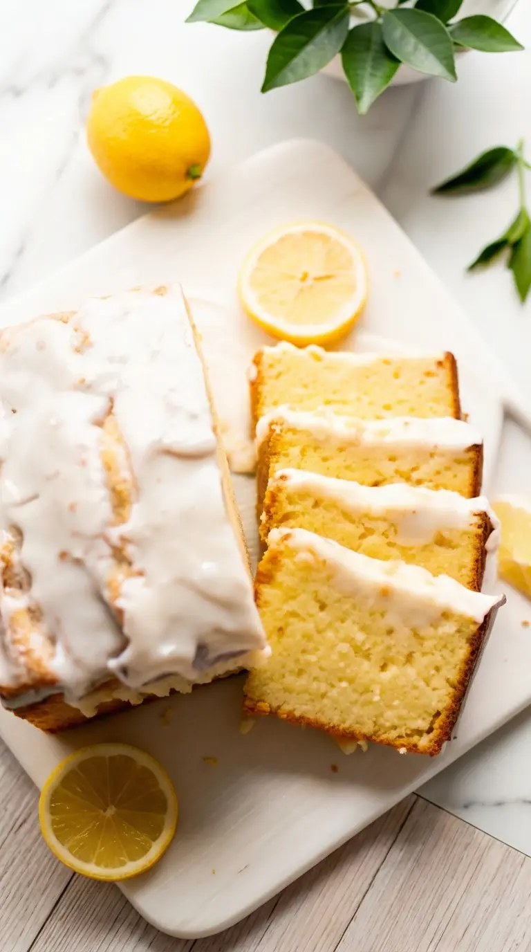 A close-up, elevated view of several slices of Iced Lemon Pound Cake, each perfectly cut and showing a moist, yellow crumb, with a glossy white lemon glaze dripping. These are arranged on a minimalist white plate on a white marble countertop. Fresh lemon wedges and green mint leaves are artfully scattered around, bathed in soft natural morning light. Warm tones, clean and tidy, no hands or people.