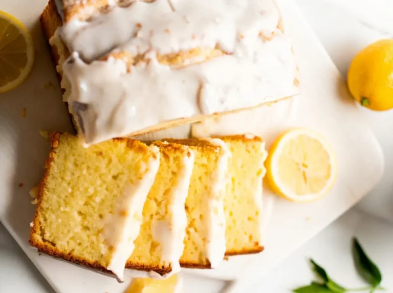 Hero shot of a perfectly baked Iced Lemon Pound Cake, partially sliced, with thick white lemon glaze generously drizzled over the top and dripping down the sides. The slices reveal a tender, light yellow crumb. The cake is presented on a clean white marble countertop with soft natural morning light from an east window, casting gentle shadows. Fresh whole lemons, a halved lemon, and green mint sprigs are artfully arranged nearby, with a hint of a wooden cutting board in the background. Warm tones, clean and tidy presentation, no hands or people.