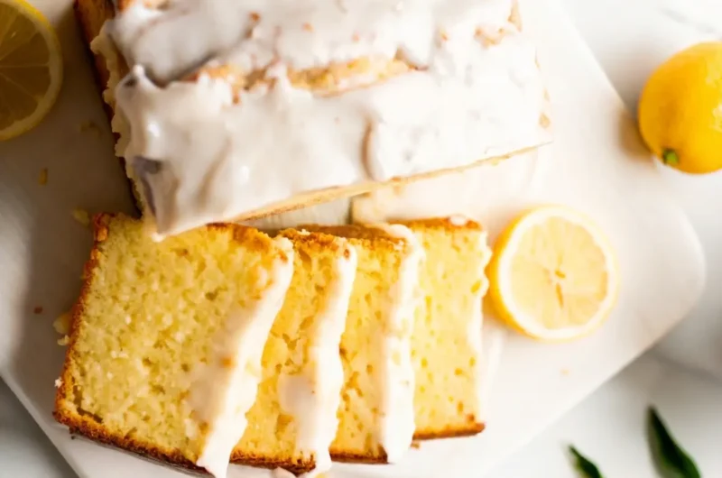 Hero shot of a perfectly baked Iced Lemon Pound Cake, partially sliced, with thick white lemon glaze generously drizzled over the top and dripping down the sides. The slices reveal a tender, light yellow crumb. The cake is presented on a clean white marble countertop with soft natural morning light from an east window, casting gentle shadows. Fresh whole lemons, a halved lemon, and green mint sprigs are artfully arranged nearby, with a hint of a wooden cutting board in the background. Warm tones, clean and tidy presentation, no hands or people.