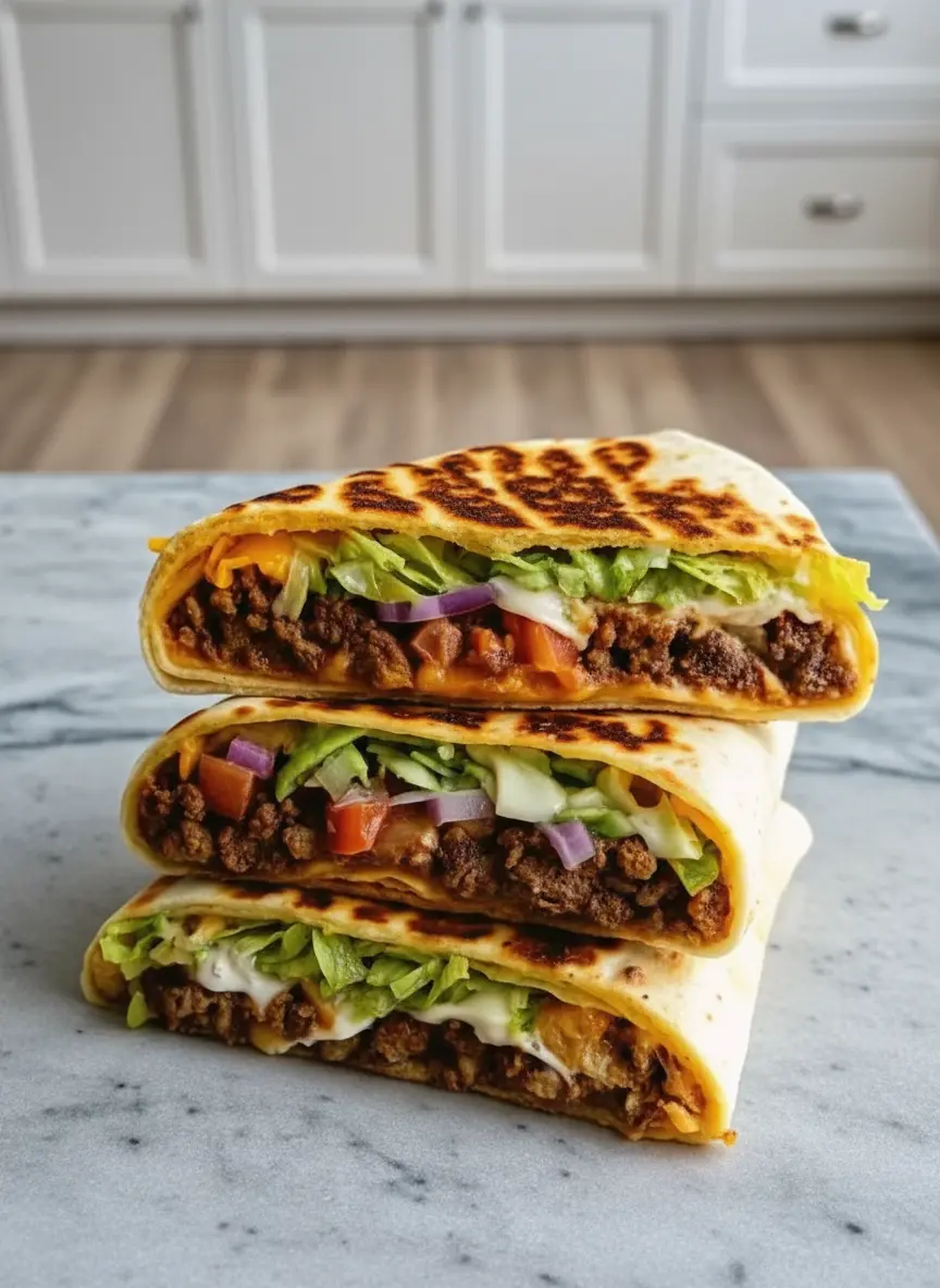 A close-up action shot of the folding technique. The large tortilla is on a wooden board, with the filling in the center. The edges are being pleated inward to form a hexagon shape. No hands visible, just the tortilla in the mid-fold state showing the geometry. Warm lighting, sharp focus on the texture of the tortilla.