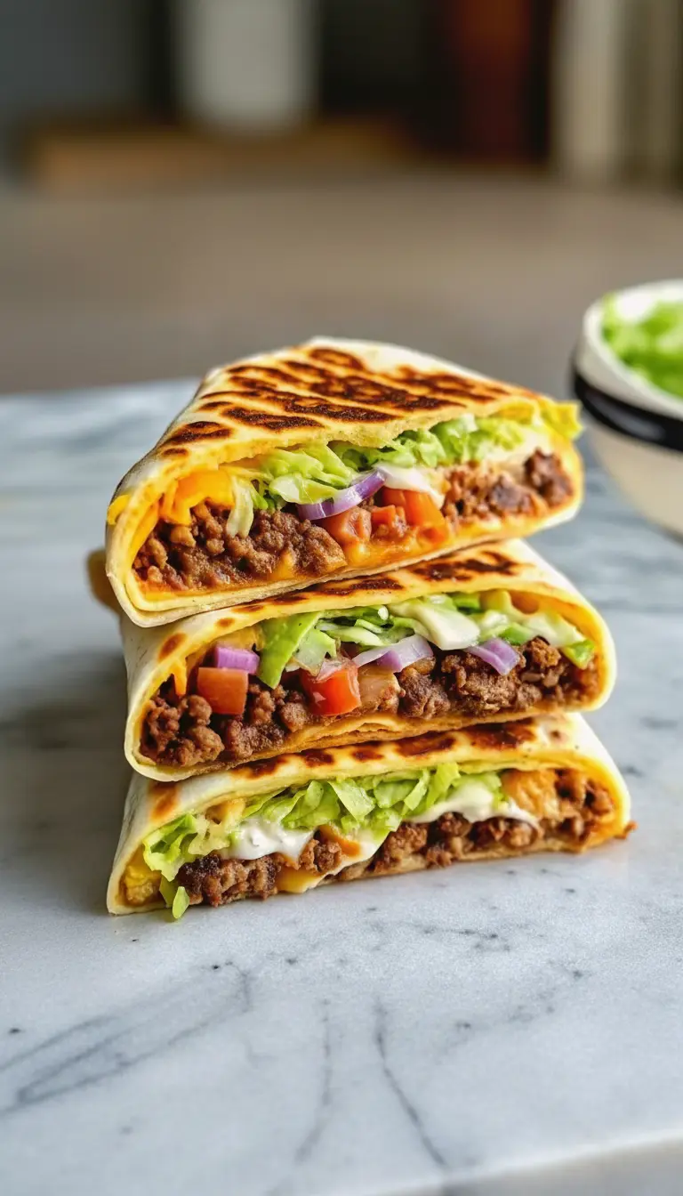A texture-focused shot of the final cooked crunchwrap sliced open. The focus is on the juicy beef and the melting cheese blending with the white sour cream. The exterior of the tortilla has beautiful dark golden-brown sear marks. Placed on a simple white ceramic plate with a blurred background of the kitchen window.