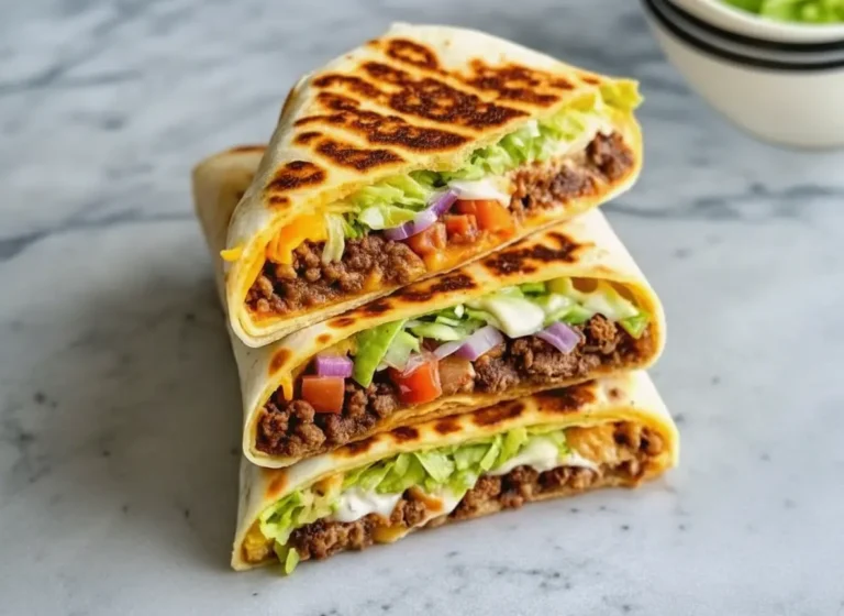 A hero shot of three golden-brown keto crunchwraps stacked slightly offset on a white marble countertop. The top wrap is cut in half to reveal distinct layers of seasoned ground beef, melted yellow cheese, a thin crispy interior line, sour cream, shredded lettuce, and diced tomatoes. Soft morning light from the left creates gentle shadows. A vintage wooden cutting board is visible underneath. Fresh cilantro and a small ceramic bowl of lime wedges are in the blurred background. High resolution, food photography style.