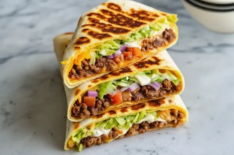 A hero shot of three golden-brown keto crunchwraps stacked slightly offset on a white marble countertop. The top wrap is cut in half to reveal distinct layers of seasoned ground beef, melted yellow cheese, a thin crispy interior line, sour cream, shredded lettuce, and diced tomatoes. Soft morning light from the left creates gentle shadows. A vintage wooden cutting board is visible underneath. Fresh cilantro and a small ceramic bowl of lime wedges are in the blurred background. High resolution, food photography style.