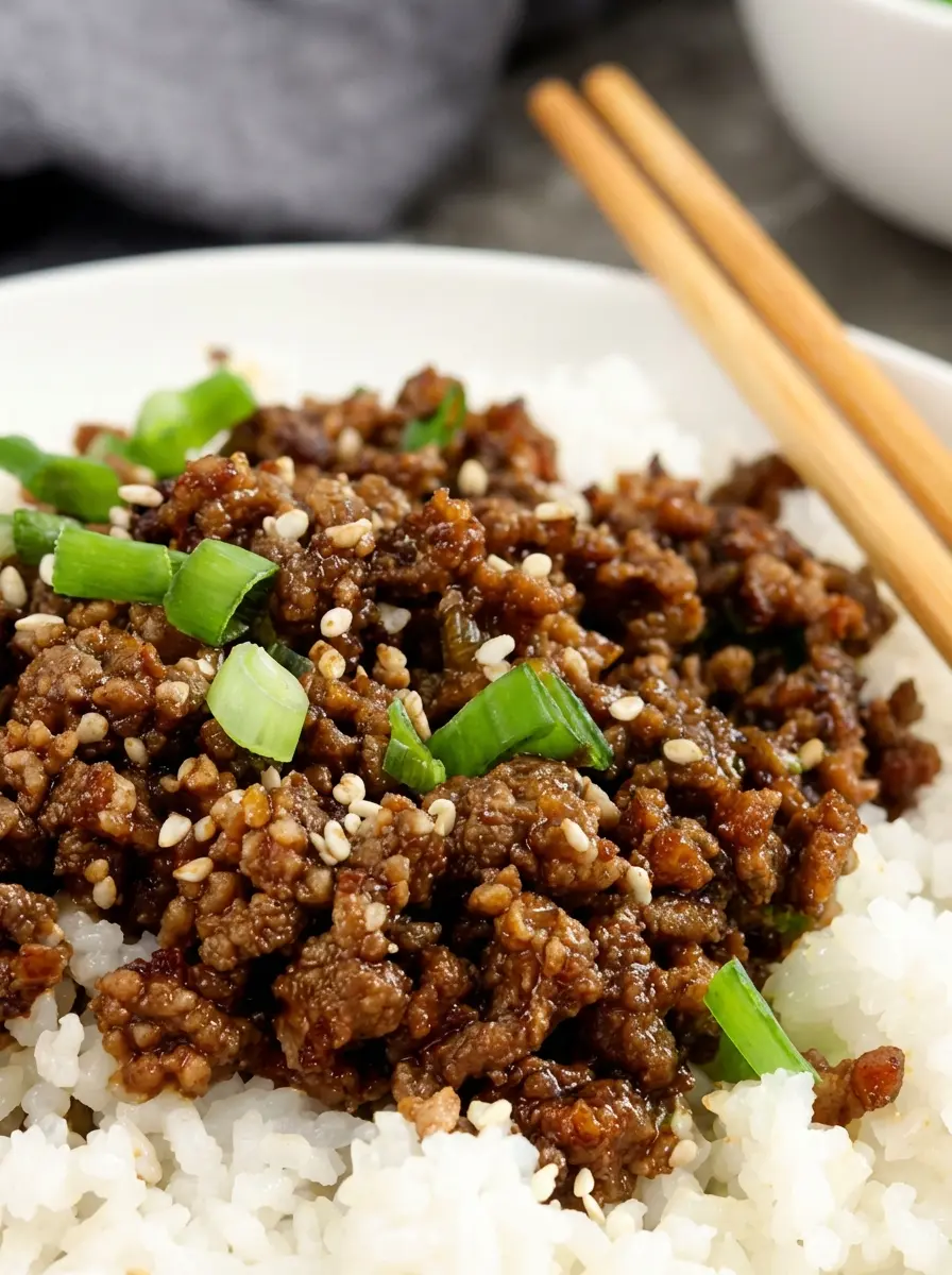 A clean arrangement of fresh ingredients for a Korean Ground Beef Bowl on a rustic wooden cutting board on a marble countertop. Visible items include a package of ground beef, a small bowl of minced garlic and grated ginger, bottles of soy sauce, sesame oil, and rice vinegar, a bag of brown sugar, and a bunch of fresh green onions. Soft natural light, warm tones, and gentle shadows, with fresh herbs subtly in the background. (3:4 aspect ratio)