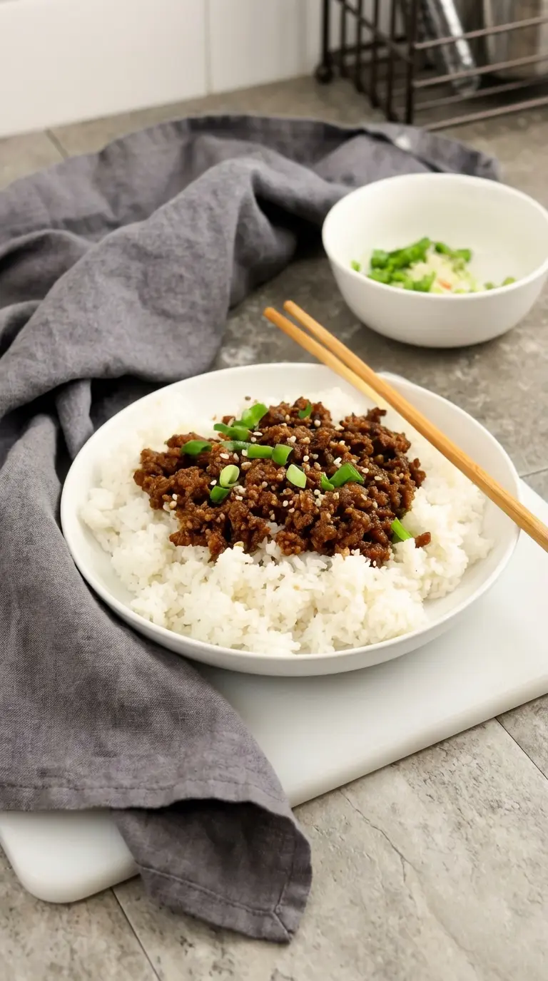 A detailed shot of the Korean Ground Beef Bowl, highlighting the textures: fluffy white rice, glistening dark brown ground beef crumbles, vibrant green sliced green onions, and tiny white sesame seeds. The minimalist white ceramic bowl is slightly angled, showing the depth of the food. Natural morning light enhances the warm tones and subtle sheen, with a grey linen napkin providing a soft contrast on the marble countertop. (3:4 aspect ratio)