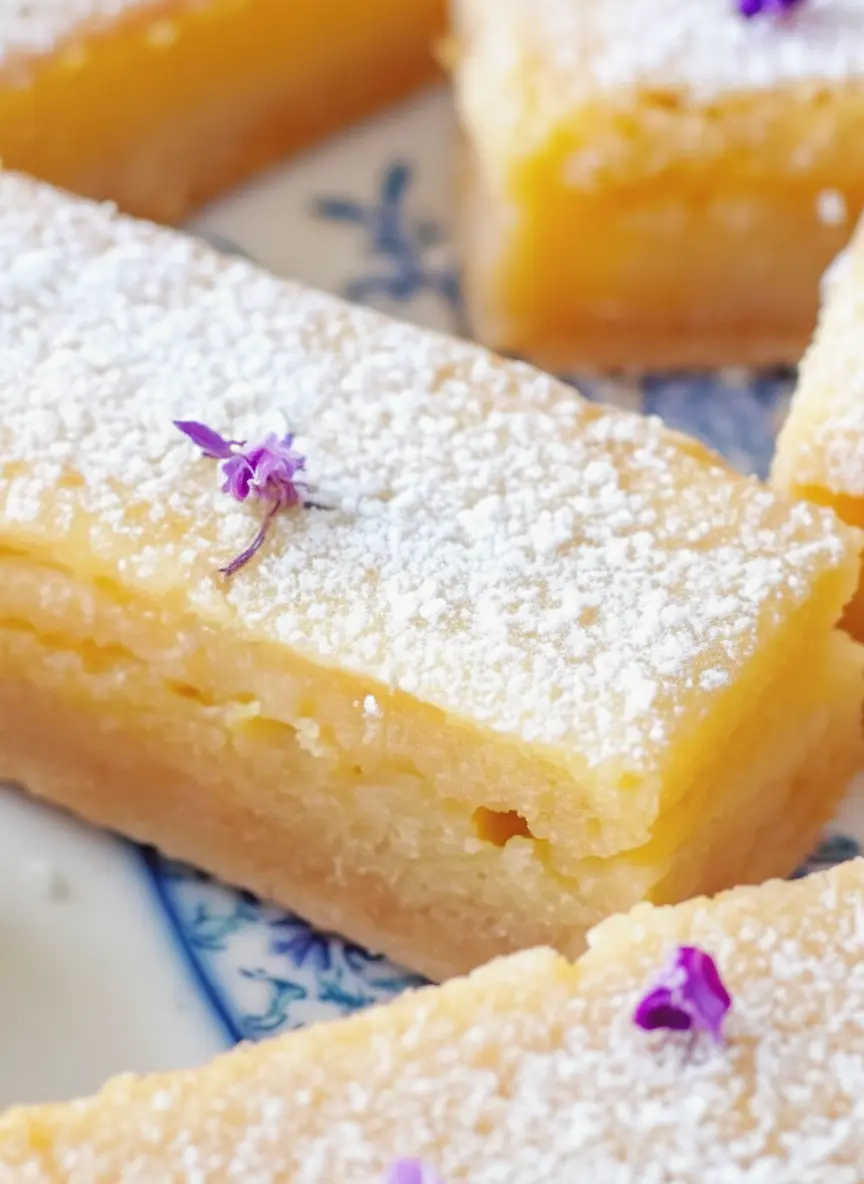 A 3:4 ratio photo showcasing the key ingredients for Lavender Lemon Bars: fresh vibrant yellow lemons, a small bowl of purple culinary dried lavender, a stack of white ceramic bowls with flour and sugar, and cubes of cold butter, all arranged neatly on a light marble countertop. Natural morning light creates soft shadows, with a hint of a wooden cutting board in the background.