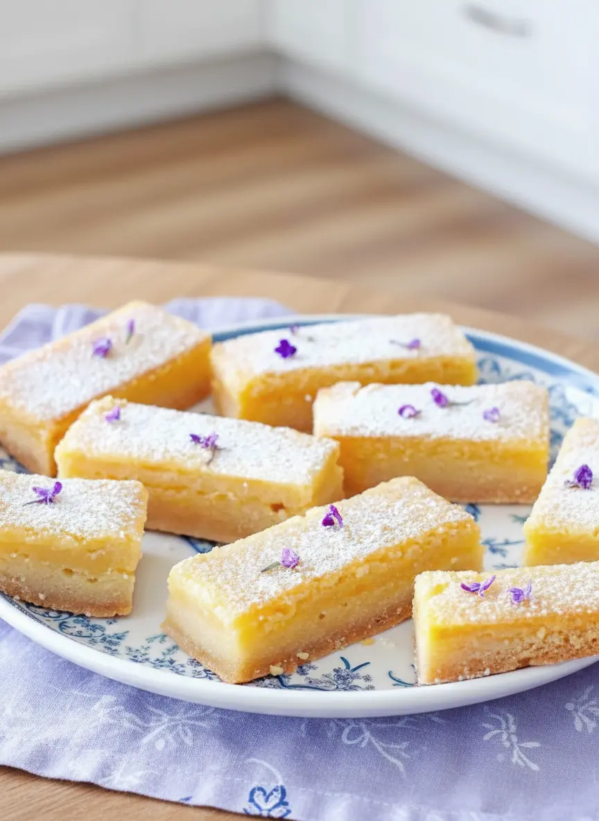 A 3:4 ratio photo depicting the process of making Lavender Lemon Bars. Focus on a warm shortbread crust, just out of the oven, with the pale yellow lemon-lavender filling being gently poured over it in a 9x13 inch baking pan lined with parchment paper. The setting is a clean marble countertop under natural morning light, with soft shadows and warm tones, a subtle wooden accent in the background.