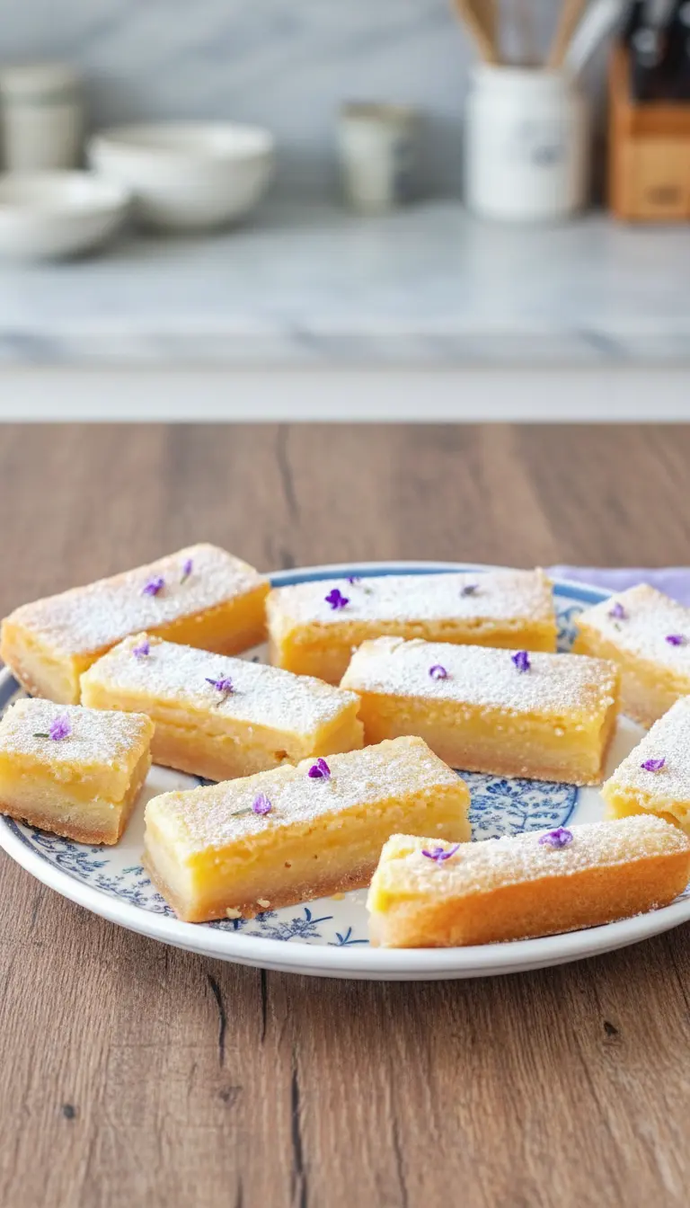 A 3:4 ratio close-up photo of a single Lavender Lemon Bar, cut cleanly to reveal its distinct layers: a thick, golden shortbread crust and a smooth, vibrant yellow lemon-lavender filling. The top is heavily dusted with powdered sugar and a few delicate purple lavender petals. The bar is placed on a minimalist white ceramic plate, on a marble countertop with natural morning light and soft shadows, emphasizing texture and detail.
