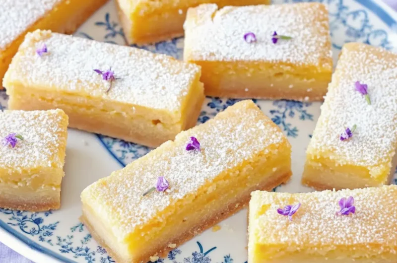 A 4:3 ratio photo of beautifully arranged Lavender Lemon Bars, generously dusted with powdered sugar and sprinkled with small purple culinary lavender petals. The bars are golden yellow with a visible shortbread crust layer. They are artfully placed on a white ceramic plate with a delicate blue and purple floral pattern, set on a light marble countertop. Natural morning light casts soft shadows. A sprig of fresh lavender or lemon verbena is subtly placed in the background near a wooden accent. The scene is clean and tidy with warm tones.