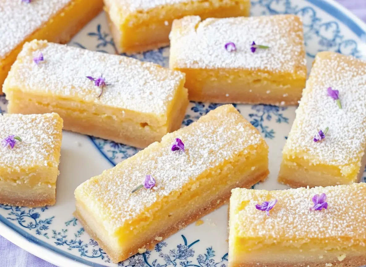 A 4:3 ratio photo of beautifully arranged Lavender Lemon Bars, generously dusted with powdered sugar and sprinkled with small purple culinary lavender petals. The bars are golden yellow with a visible shortbread crust layer. They are artfully placed on a white ceramic plate with a delicate blue and purple floral pattern, set on a light marble countertop. Natural morning light casts soft shadows. A sprig of fresh lavender or lemon verbena is subtly placed in the background near a wooden accent. The scene is clean and tidy with warm tones.