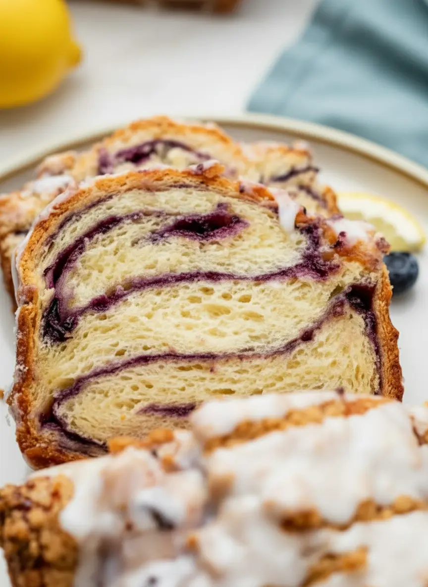 A vibrant flat lay (3:4 ratio) of fresh ingredients for Lemon Blueberry Babka: plump blueberries, bright yellow lemons, flour in a ceramic bowl, a block of butter, and yeast. Arranged artfully on a marble countertop with a wooden accent, bathed in natural morning light. Warm tones, clean and tidy, no hands or people.