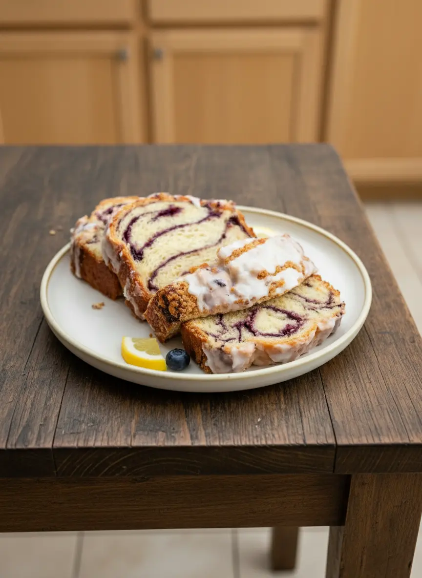 A close-up (3:4 ratio) of the Lemon Blueberry Babka dough during the shaping process, showing the rich purple blueberry filling beautifully swirled within the light, tender brioche dough on a wooden cutting board. Soft natural morning light highlights the dough's texture and the vibrant filling. Warm tones, clean and tidy, no hands or people.