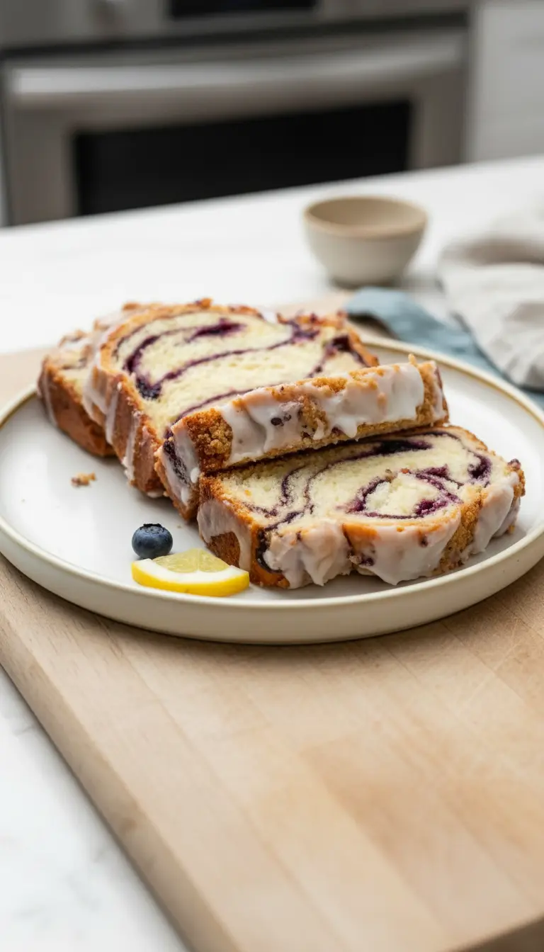 A detailed shot (3:4 ratio) of a single slice of Lemon Blueberry Babka on a minimalist white plate, focusing on the moist, airy crumb, the distinct deep purple blueberry swirls, and the glistening white lemon glaze. A fresh lemon wedge is subtly placed nearby. The scene is set on a marble countertop with soft natural morning light, creating warm tones. Clean and tidy presentation, no hands or people.