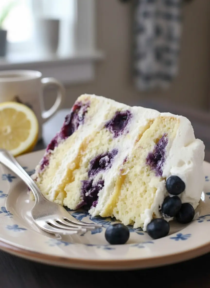 Ingredients laid out for Lemon Blueberry Cake: fresh lemons, vibrant blueberries in a ceramic bowl, flour, sugar, and butter on a wooden cutting board on a marble countertop, under soft natural morning light. Fresh herbs are visible in the background. No hands or people. (3:4 ratio)