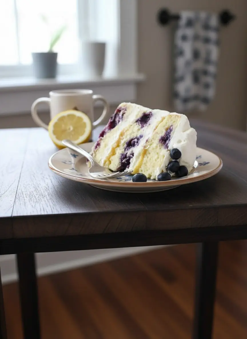 Close-up of a Lemon Blueberry Cake batter in a minimalist white ceramic bowl, with flour-dusted blueberries gently folded in, showing the thick, creamy texture ready for the pan. A wooden spoon rests beside the bowl on a marble countertop, illuminated by natural light. No hands or people. (3:4 ratio)