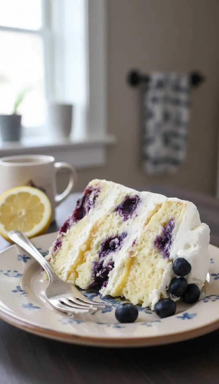 A beautifully plated slice of Lemon Blueberry Cake with a luscious bite taken out, showcasing the moist, tender yellow crumb with perfectly distributed purple blueberries and generous white cream cheese frosting. A golden fork is positioned on a light blue scalloped ceramic plate, with a hint of fresh lemon in the background, all on a marble countertop in warm, soft morning light. No hands or people. (3:4 ratio)