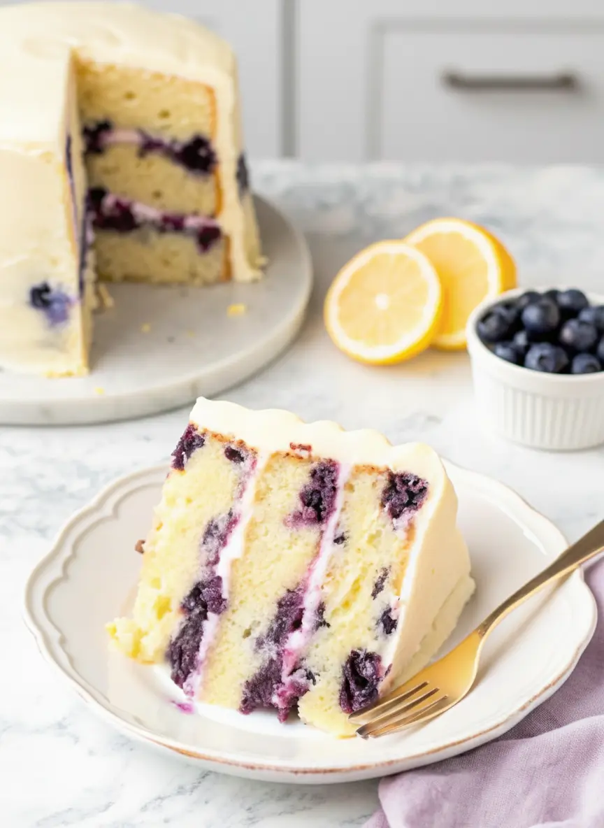 A close-up of a three-layer Lemon Blueberry Cake being frosted with smooth, white cream cheese frosting on a minimalist white cake stand. The layers are clearly visible, with blueberries peeking through the light yellow cake. The background features a blurred wooden cutting board and a hint of fresh herbs, under soft natural light. (3:4 ratio)