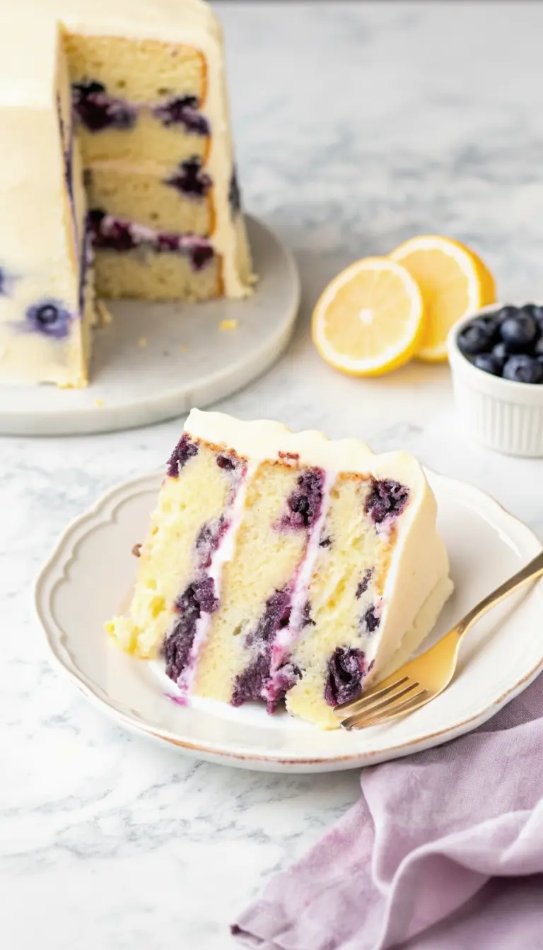 A single, perfect slice of Lemon Blueberry Cake on a minimalist white plate, showcasing the fluffy texture of the cake, the burst of purple blueberries, and the creamy white frosting between layers. The slice is impeccably neat, with a slight gleam on the frosting. A simple fork rests beside the plate, all on a marble countertop with soft, warm lighting. (3:4 ratio)