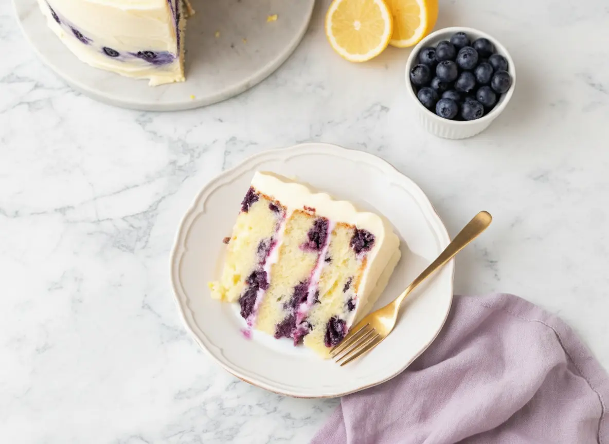 A beautifully sliced Lemon Blueberry Cake, showing distinct layers of light yellow sponge cake speckled with purple blueberries and thick white cream cheese frosting, on a white plate with delicate pink floral patterns and a gold rim. A fresh lemon half and a few loose blueberries are visible nearby. The scene is set on a marble countertop with soft natural morning light from an east window, warm tones, and shallow depth of field. (4:3 ratio)