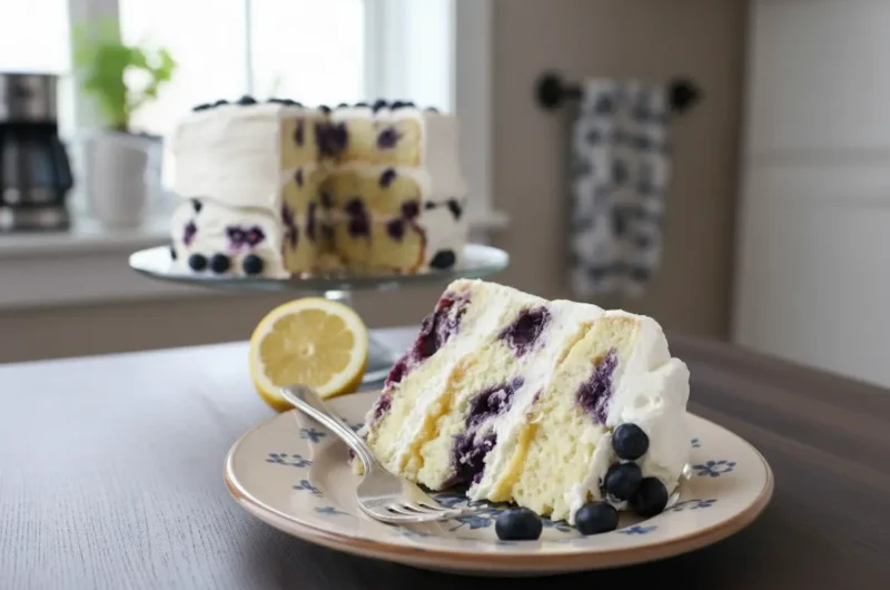 A perfectly cut slice of Lemon Blueberry Cake on a light blue scalloped ceramic plate, showing multiple layers of light yellow cake with abundant purple blueberries baked within, and thick white cream cheese frosting. A golden fork gently rests beside the slice, which has a small bite taken out. The background features a blurred lemon half and a white cake stand on a dark blue linen, all bathed in soft natural morning light from an east window, highlighting warm tones and textures on a marble countertop with subtle wood accents. No hands or people. (4:3 ratio)