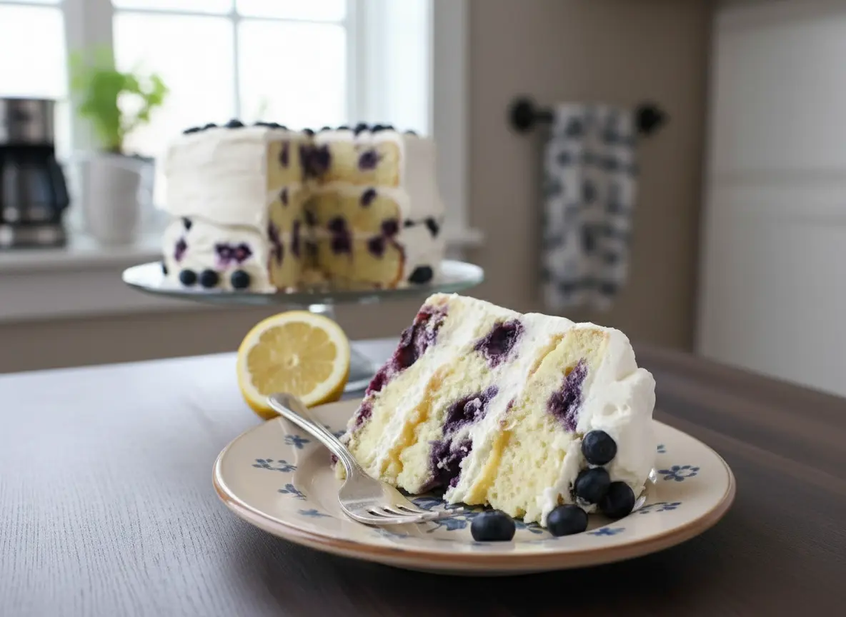 A perfectly cut slice of Lemon Blueberry Cake on a light blue scalloped ceramic plate, showing multiple layers of light yellow cake with abundant purple blueberries baked within, and thick white cream cheese frosting. A golden fork gently rests beside the slice, which has a small bite taken out. The background features a blurred lemon half and a white cake stand on a dark blue linen, all bathed in soft natural morning light from an east window, highlighting warm tones and textures on a marble countertop with subtle wood accents. No hands or people. (4:3 ratio)