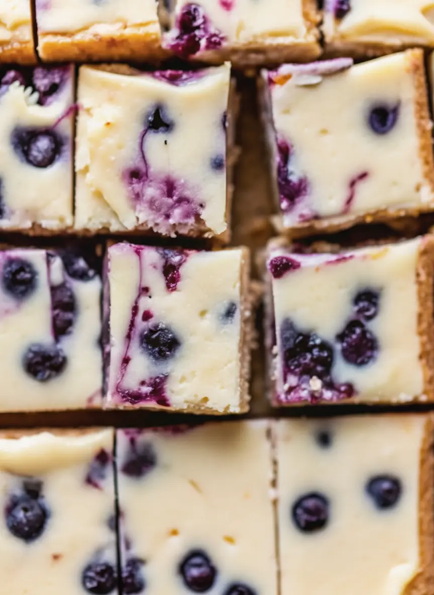 A preparation shot on a marble countertop showing the ingredients: a block of cream cheese, a bowl of fresh blueberries, bright yellow lemons, and a bowl of graham cracker crumbs. A wooden cutting board and white ceramic bowls are arranged neatly. Natural lighting highlights the freshness of the fruit. No hands visible.