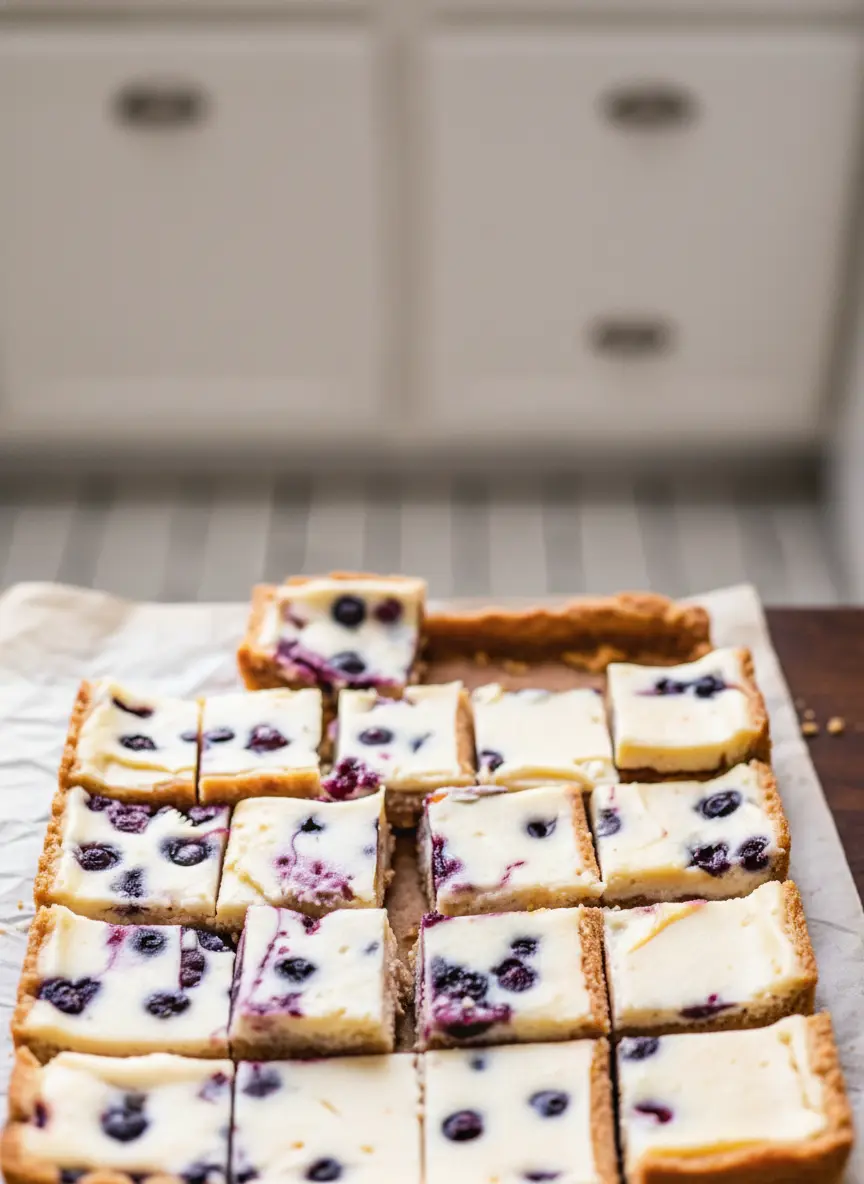 A close-up process shot of the baking pan. The raw cheesecake batter has just been poured over the pre-baked crust. The batter is creamy and pale yellow. Fresh blueberries are scattered on top, some sinking slightly into the mixture, creating small purple swirls. The pan sits on a wooden accent board on the marble counter.
