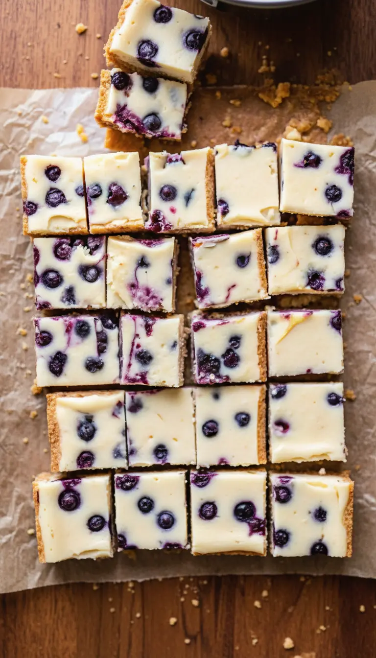 A texture-focused shot of a single bar lifted on a minimalist white plate. The side of the bar is visible, showing the distinct layers: the grainy brown graham crust, the dense and moist cheesecake filling, and the juicy cross-section of baked blueberries. A fork rests on the plate. Soft, warm lighting emphasizes the creamy texture.