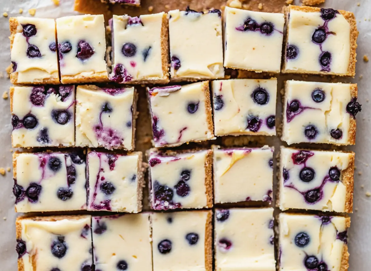 A high-angle, top-down hero shot of Lemon Blueberry Cheesecake Bars sliced into squares on a sheet of parchment paper. The bars have a golden graham cracker crust at the bottom, a creamy white-yellow cheesecake filling, and vibrant purple blueberry swirls and whole baked blueberries visible on top. Fresh lemon slices and loose blueberries are scattered artistically around. The background features a marble countertop with soft morning light coming from the right, casting gentle shadows. A pot of fresh thyme is blurred in the background.