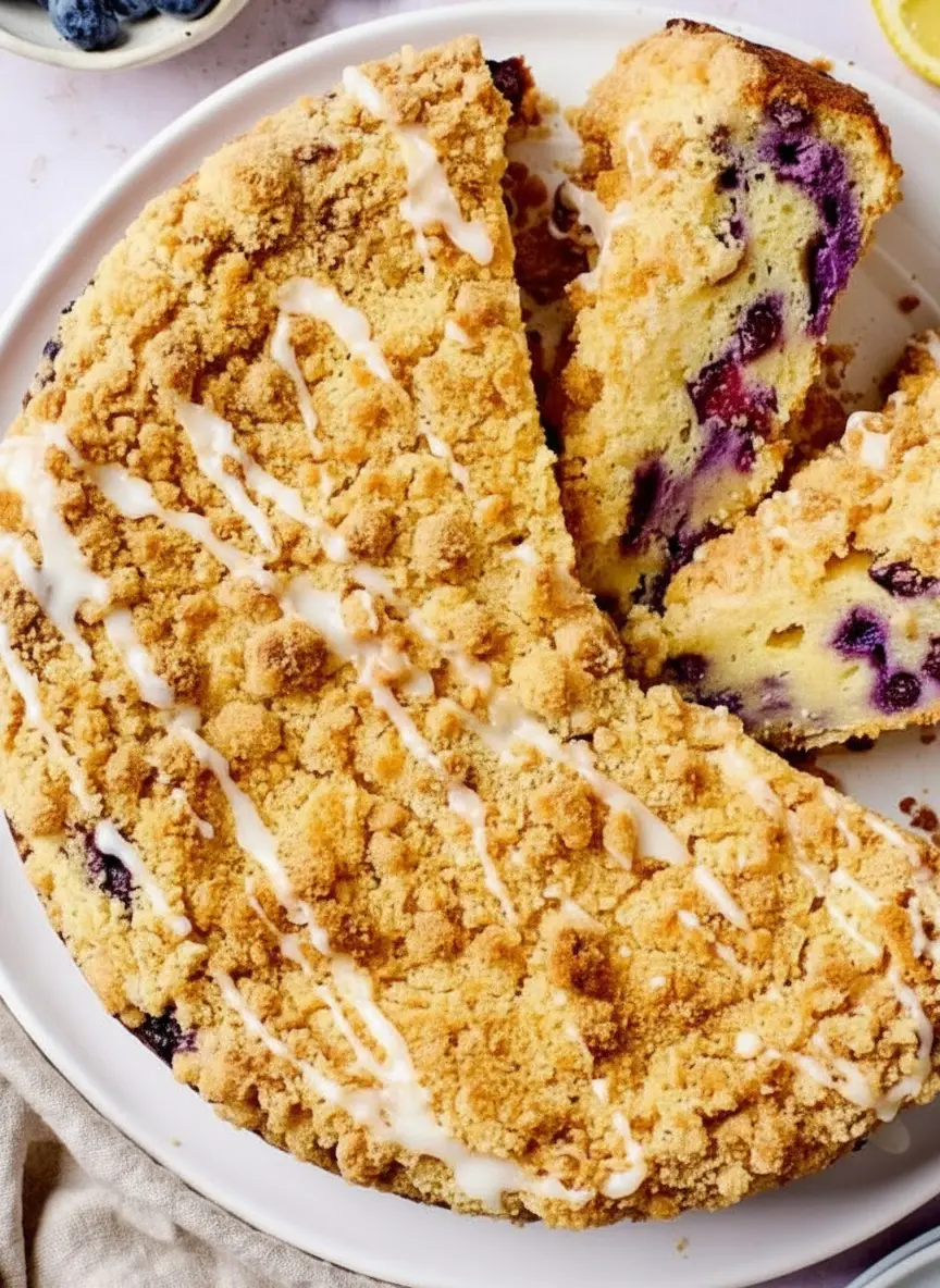 Ingredients laid out for Lemon Blueberry Ricotta Cake: a ceramic bowl filled with vibrant fresh blueberries, lemons with zest peeled, a bowl of ricotta cheese, and dry ingredients in another minimalist white ceramic bowl, all arranged on a clean marble countertop bathed in natural morning light, with the wooden cutting board visible.