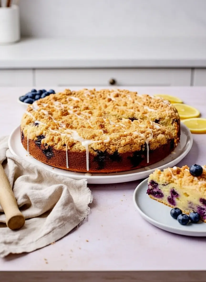 Process shot for Lemon Blueberry Ricotta Cake: a minimalist white ceramic mixing bowl with the yellow cake batter, with fresh blueberries gently folded into it, capturing the moment before it's poured into a springform pan. The scene is on a marble countertop, with natural morning light and soft shadows, a clean and tidy presentation.