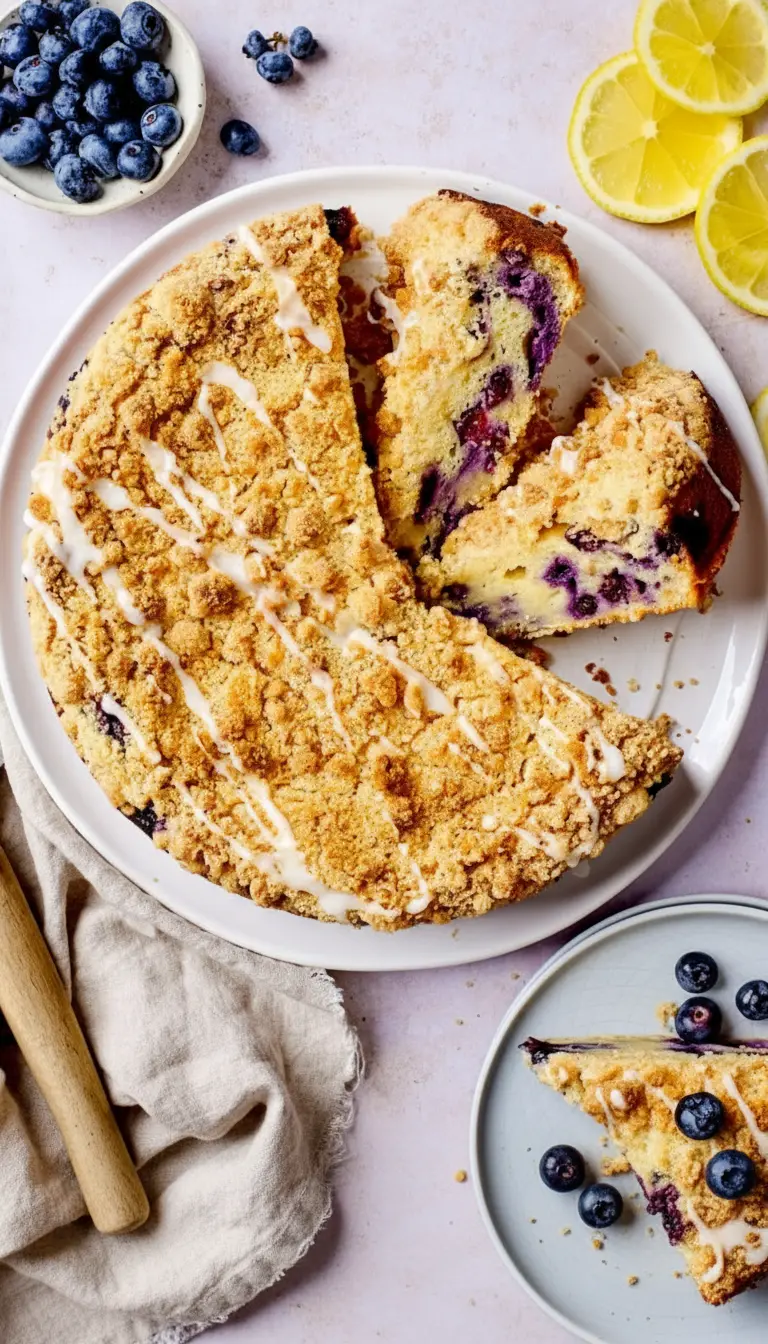 A close-up, inviting shot of a single slice of Lemon Blueberry Ricotta Cake on a patterned white plate, showcasing the moist yellow cake texture, abundant visible blueberries, golden-brown streusel topping, and white lemon glaze dripping down the sides. Scattered fresh blueberries are on the light marble countertop in the foreground, with natural light creating warm tones.