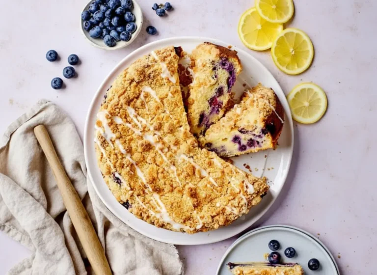 A whole round Lemon Blueberry Ricotta Cake with a slice cut out, showcasing a golden crumb topping and delicate white icing drizzle, with vibrant blueberries visible within the yellow cake. The cake is placed on a minimalist white plate on a rustic wooden cutting board. Fresh blueberries are scattered around the board and on the light marble countertop. Bright, natural morning light from an east window illuminates the scene, creating soft shadows and warm tones. The background features a clean kitchen sink area with minimal white and ceramic elements.