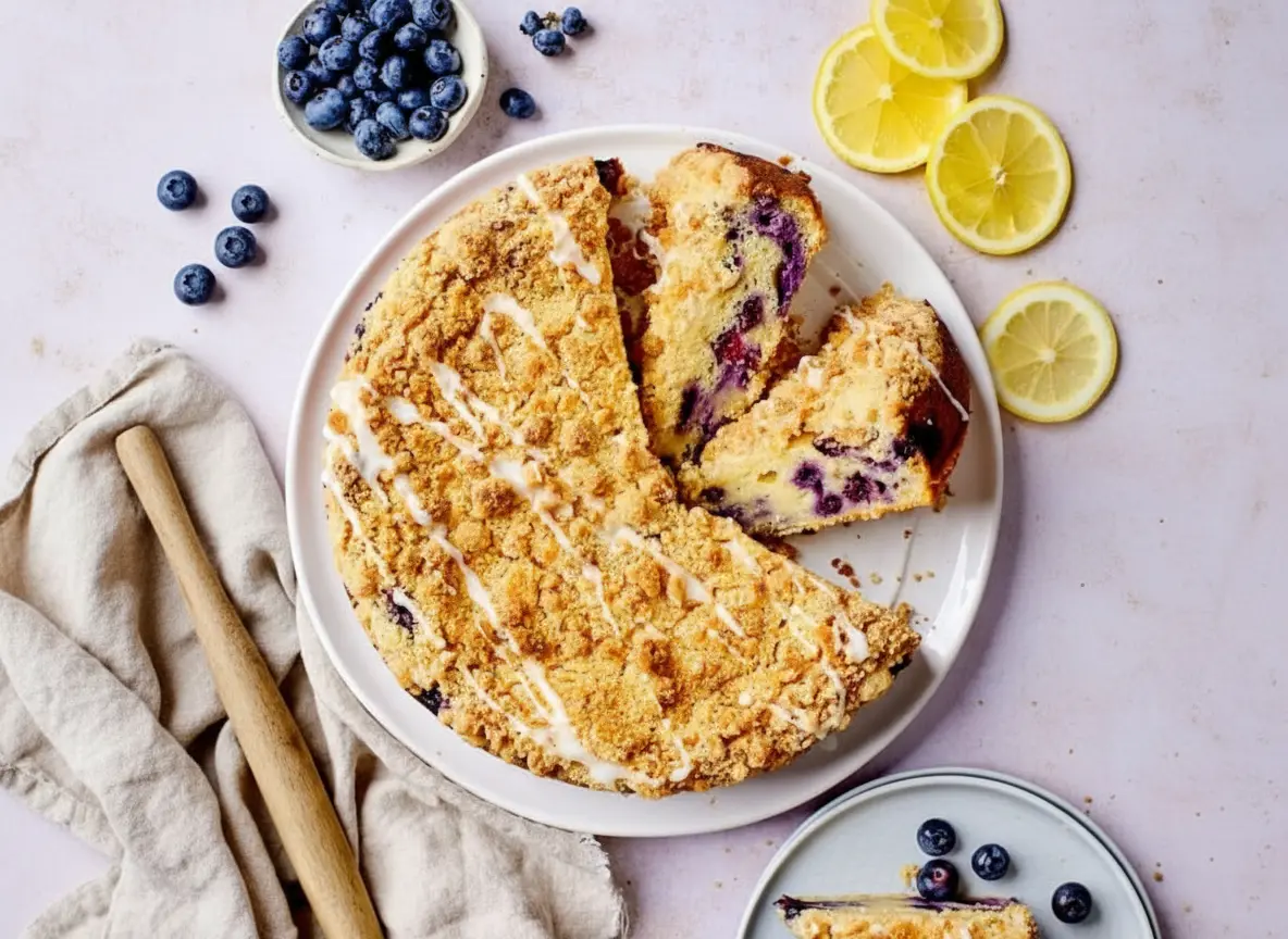 A whole round Lemon Blueberry Ricotta Cake with a slice cut out, showcasing a golden crumb topping and delicate white icing drizzle, with vibrant blueberries visible within the yellow cake. The cake is placed on a minimalist white plate on a rustic wooden cutting board. Fresh blueberries are scattered around the board and on the light marble countertop. Bright, natural morning light from an east window illuminates the scene, creating soft shadows and warm tones. The background features a clean kitchen sink area with minimal white and ceramic elements.
