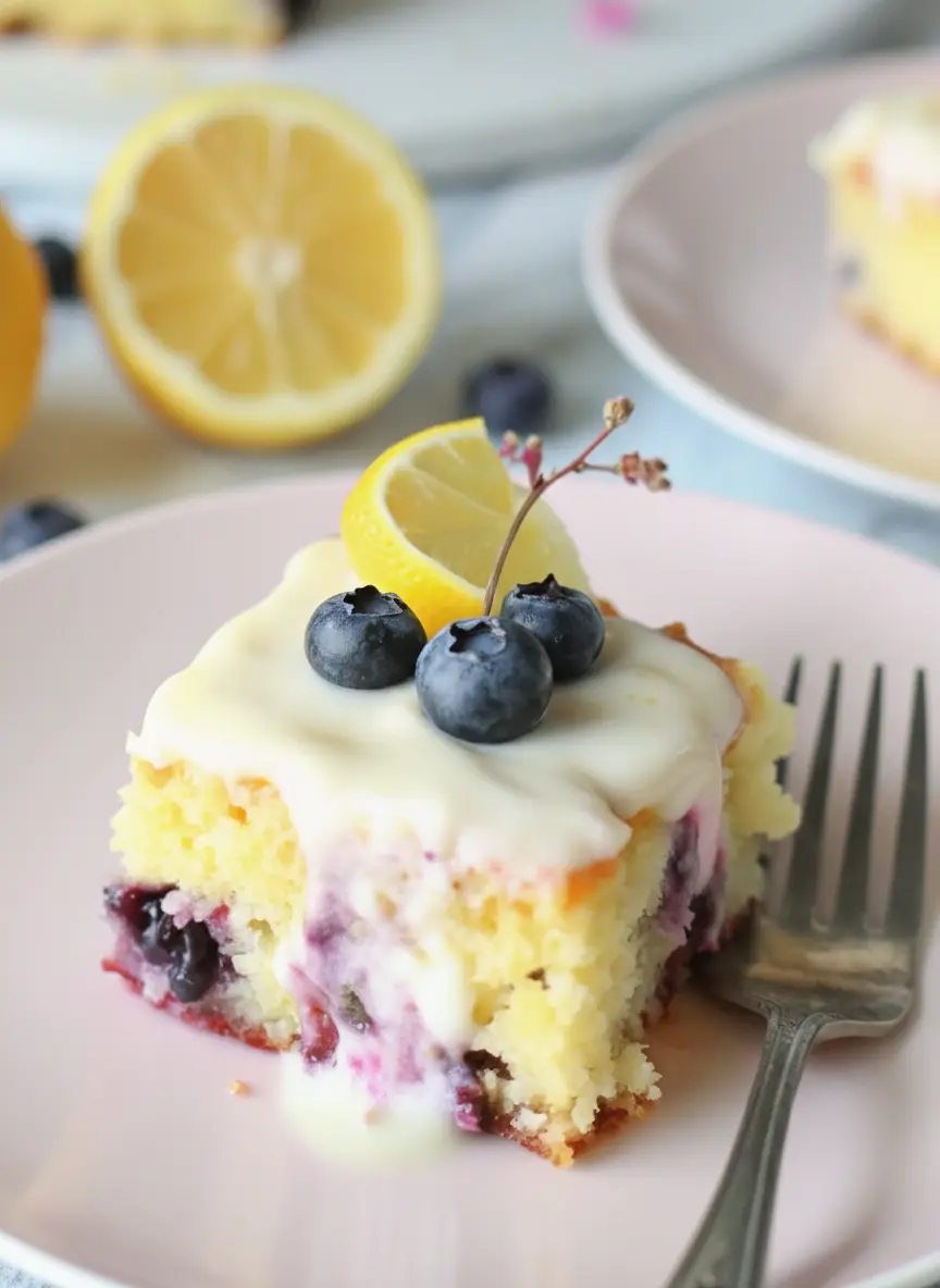 Arrangement of fresh ingredients for Lemon Blueberry Sheet Cake: whole lemons, a bowl of fresh blueberries, bags of flour and sugar, a stick of butter, and a carton of eggs, neatly laid out on a wooden cutting board on a marble countertop. Natural morning light creates soft shadows, warm tones, clean and tidy presentation, with subtle fresh herbs in the background. 3:4 ratio.