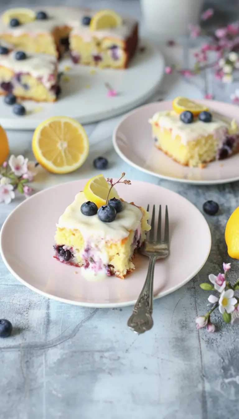 Close-up of a cut slice of Lemon Blueberry Sheet Cake, showcasing the moist, tender yellow crumb dotted with vibrant baked blueberries, and a generous layer of white lemon glaze. The slice is on a minimalist pink plate, with a silver fork. The scene is on a marble countertop with soft shadows, warm tones, natural morning light, and subtle fresh herbs in the background. 3:4 ratio.