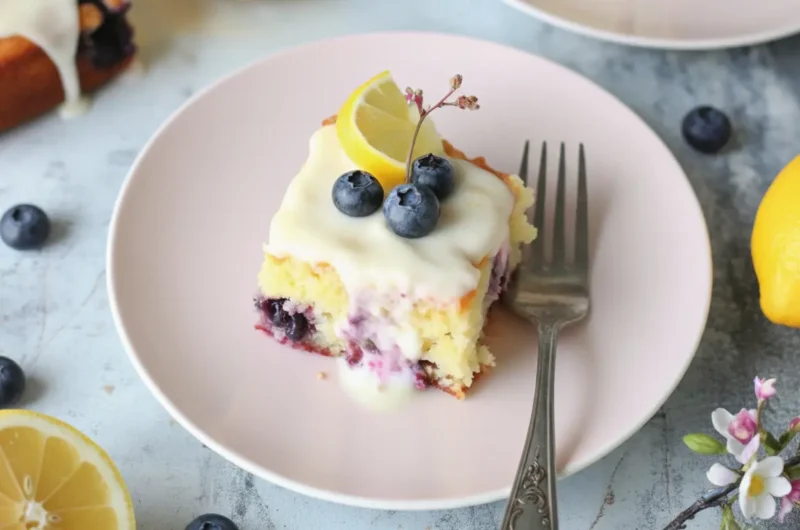 A perfectly cut square slice of Lemon Blueberry Sheet Cake on a minimalist pink plate, topped with a thick white lemon glaze, a fresh blueberry, and a small lemon wedge. A silver fork rests beside it. The background features a blurred second slice, a halved lemon, and a delicate yellow flower, all set on a marble countertop with subtle wood accents, bathed in natural morning light, with soft shadows and warm tones, clean and tidy presentation. 4:3 ratio.