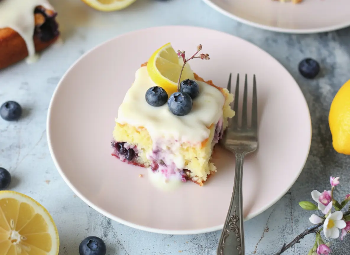 A perfectly cut square slice of Lemon Blueberry Sheet Cake on a minimalist pink plate, topped with a thick white lemon glaze, a fresh blueberry, and a small lemon wedge. A silver fork rests beside it. The background features a blurred second slice, a halved lemon, and a delicate yellow flower, all set on a marble countertop with subtle wood accents, bathed in natural morning light, with soft shadows and warm tones, clean and tidy presentation. 4:3 ratio.