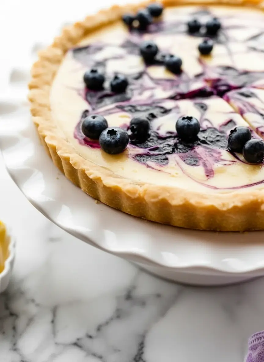 Ingredients for Lemon Blueberry Tart neatly arranged on a rustic wooden cutting board on a white marble countertop. Focus on fresh, vibrant lemons, bowls of fresh blueberries, flour, sugar, and cubed cold butter, with fresh herbs subtly blurred in the background, bathed in natural morning light. No hands or people. (3:4 ratio)