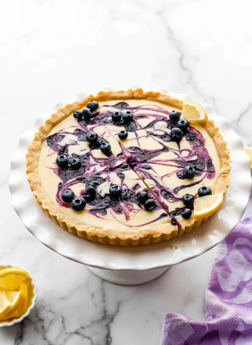 A close-up shot showing the process of creating the blueberry swirl on the Lemon Blueberry Tart. A creamy, pale yellow lemon filling is in a golden tart crust, with dollops of dark purple blueberry reduction being gently swirled with a wooden skewer. Fresh blueberries are scattered around the edges, all on a white marble countertop with soft shadows. No hands or people. (3:4 ratio)
