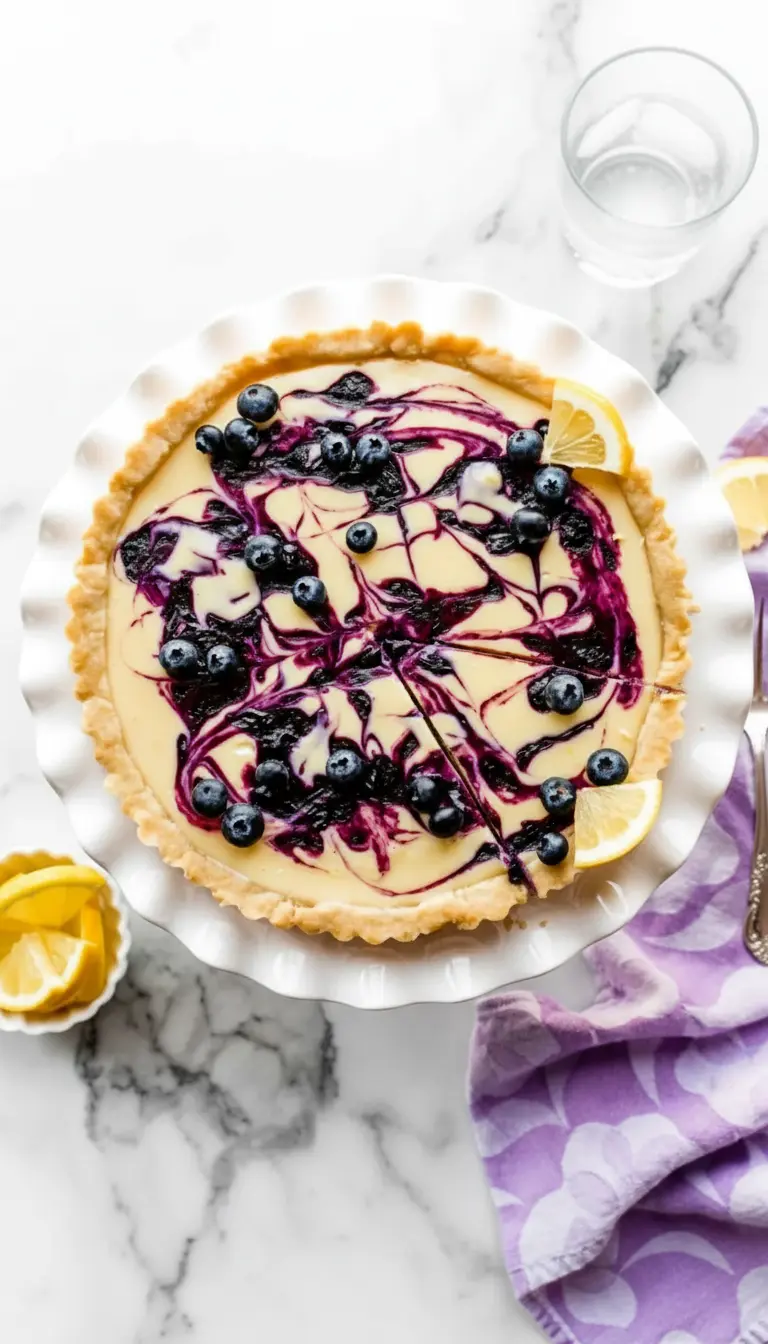 A detailed, slightly angled shot of a slice of Lemon Blueberry Tart served on a minimalist white plate. The slice clearly shows the flaky golden crust, the thick, creamy pale yellow lemon filling, and the intricate dark purple blueberry swirls with whole blueberries. The texture of the filling is smooth and glossy. The plate rests on a white marble countertop, with a subtle wooden accent and soft morning light. No hands or people. (3:4 ratio)