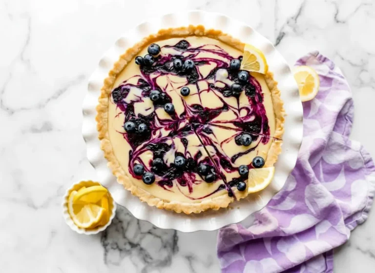 Overhead shot of a beautifully prepared Lemon Blueberry Tart on a white ruffled cake stand, featuring a golden-brown crimped crust, a pale yellow creamy lemon filling with distinct dark purple blueberry swirls, and whole fresh blueberries scattered across the top. Garnish includes two small lemon wedges on the tart edge. A small white bowl of lemon wedges and a purple patterned napkin are visible on a white marble countertop with soft morning light and warm tones. No hands or people. (4:3 ratio)